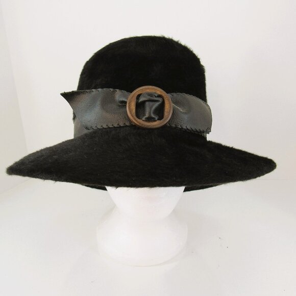 Kutz Nanette Chapeau Vntg Women's Black Faux Fur w/Band & Brown Buckle Musketeer - Picture 1 of 7